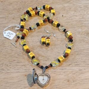Handmade Yellow and Copper Beaded Heart Watch Pendant Necklace and Earring Set